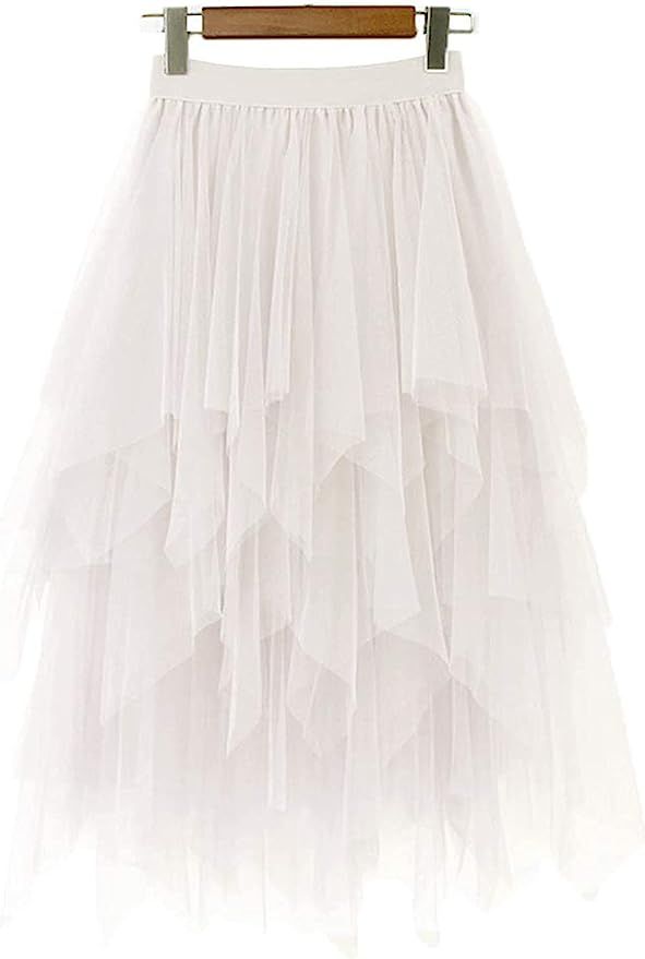 LBKKC Women's Tulle Skirt Formal High Low Asymmetrical Midi Tea-Length Elastic Waist Tutu Skirts | Amazon (US)