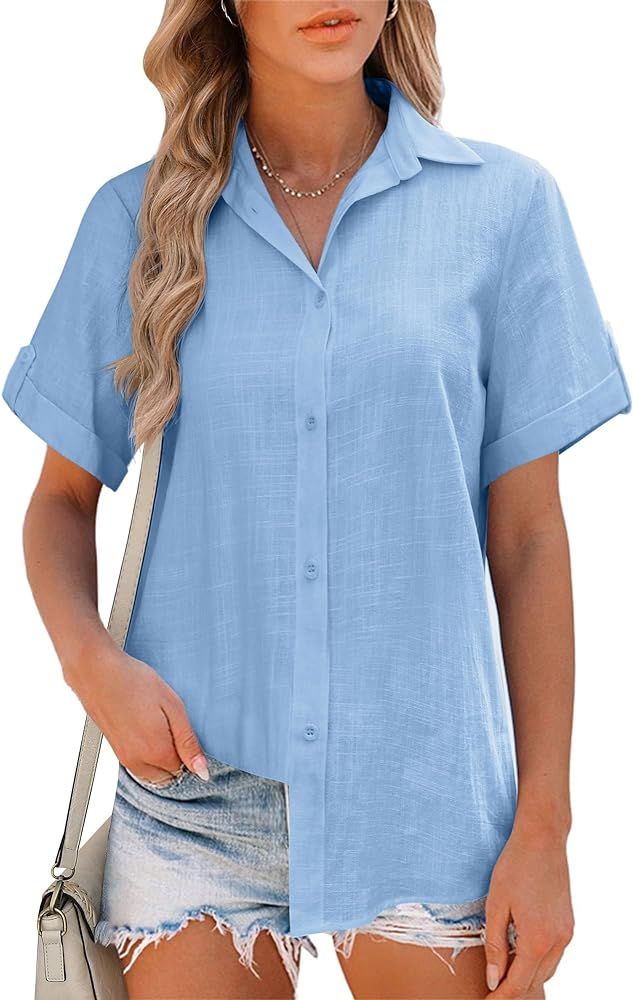 APRAW Womens Button Down Shirts Cotton Short Sleeve Button Up Blouses Collared Casual Linen V Nec... | Amazon (US)