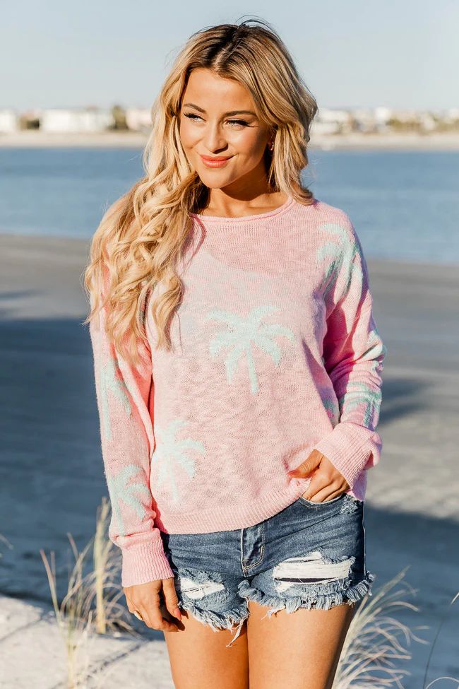 Below The Equator Pink and Mint Palm Print Sweater | Pink Lily