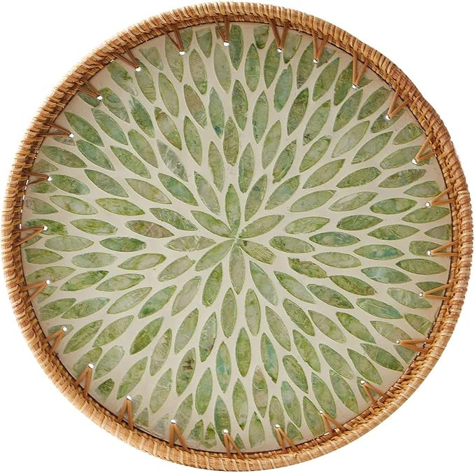 Round Rattan Tray with Mother of Pearl Inlay, Rattan Serving Tray with Wooden Base, Decorative Wi... | Amazon (US)