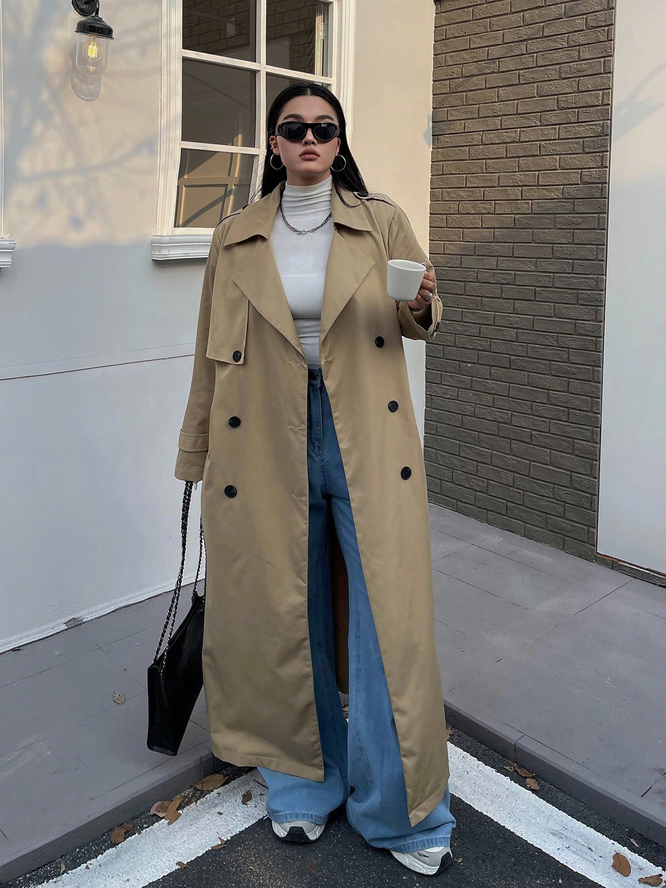 SHEIN POPSWAY Plus Size Women Solid Color Lapel Neck Double-Breasted Long Casual Trench Coat, Spr... | SHEIN