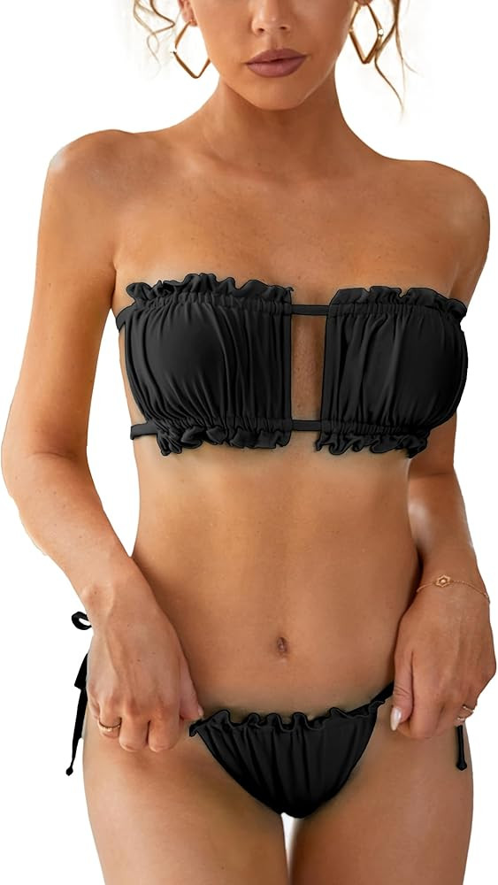 MOLYBELL Women's Sexy Strapless Bandeau Bikini,Frilled Ruched Tie Aide Bottoms 2 Pieces Swimsuit ... | Amazon (US)