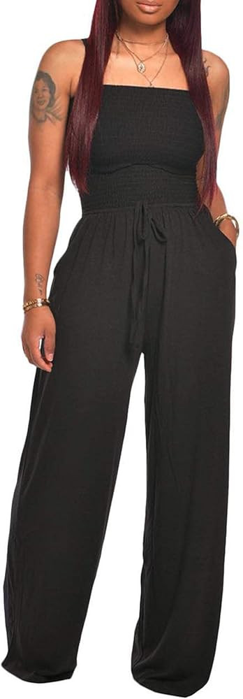 ECDAHICC Women's Strapless Tube Top Rompers Casual Off Shoulder Solid Color Belted Wide Leg Jumps... | Amazon (US)