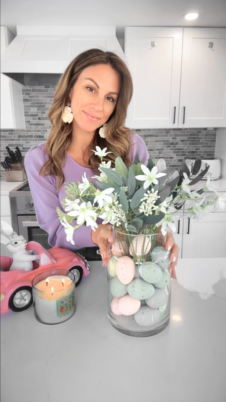 Easter bunny base decor Easter eggs and faux flowers 