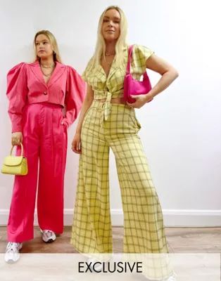 Labelrail X Olivia & Alice belted wide leg pants in grid check set | ASOS (Global)
