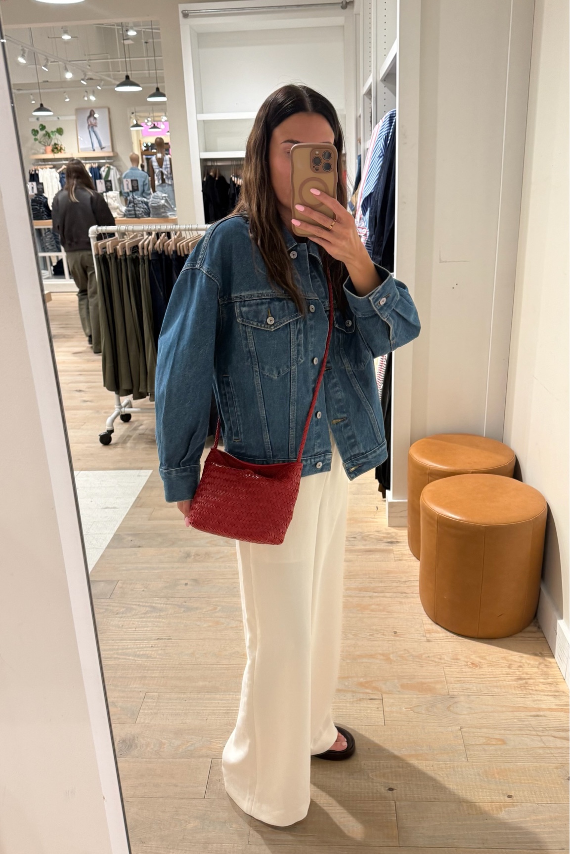 Love this red woven crossbody bag from @Madewell 

Denim jacket from @abercrombie 
White pants from @Aritzia 

#LTKOver40 #LTKxMadewell #LTKootd