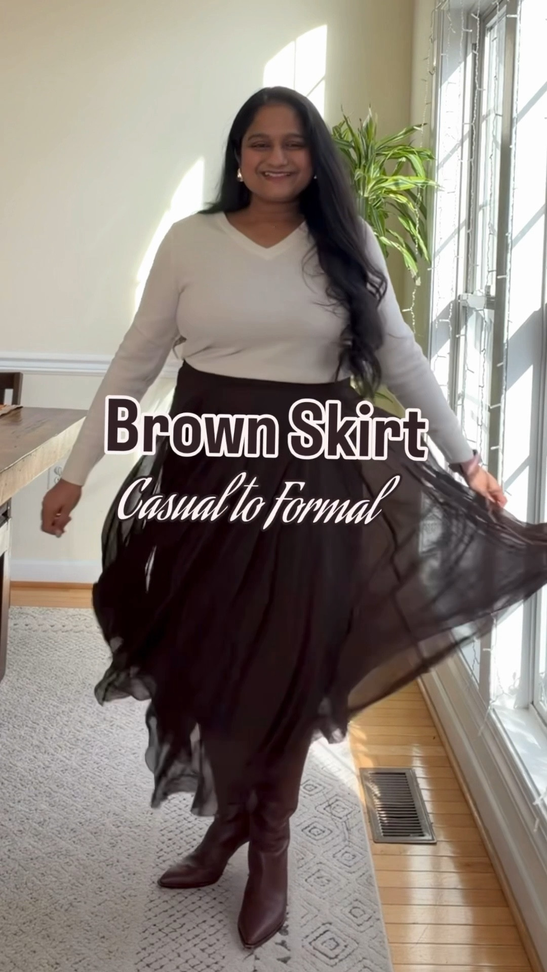 Flowy Brown Skirt Styled 2 Ways
Casual Look:
@kohls brown skirt in size S (fits TTS) @quince V-neck sweater, also in size S (fits TTS) If you’re heavy-busted, V-necks are especially flattering — and this one isn’t too deep. 
@blanknyc suede jacket in size M @dolcevita  brown leather knee-high boots in size 6.5 (sized up half size)

Formal Look:
@bananarepublicfactory (size S). I satin blouse, linked this year version  @amazon gold belt 
@jcrew leopard print heels (old, linked similar options) 

#LTKHoliday #LTKFindsUnder50 #LTKWorkwear