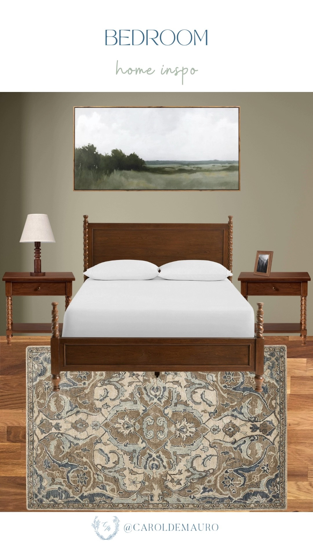 bedroom inspo, bedroom styling, interior design, vintage style home, warm palette, bedroom furniture, ornate rug, nightstand, bedframe, landscape wall art, home inspo

#LTKHome