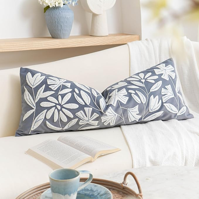 Blue Velvet Floral Decorative Lumbar Pillow Cover 14x36, Soft Long Body Pillow for Bed, Accent Lu... | Amazon (US)