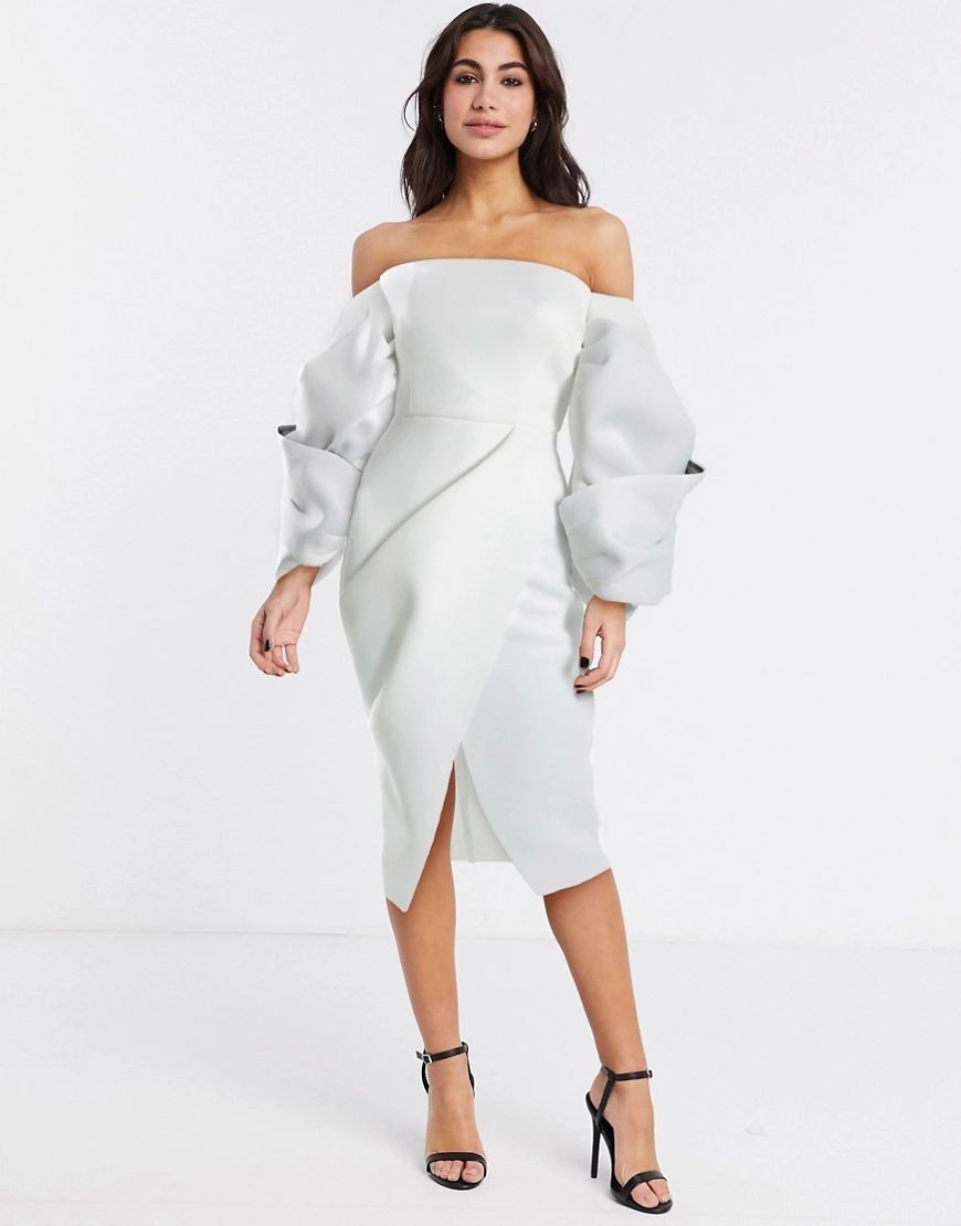 ASOS DESIGN Premium twist bubble contrast sleeve wrap pencil midi dress in ivory-White | ASOS (Global)