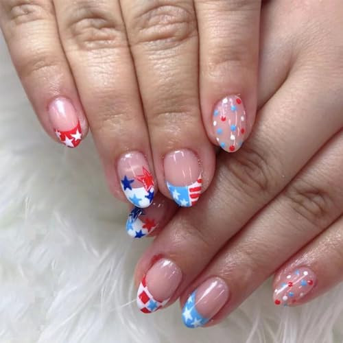 24Pcs 4th of July Press on Nails Short Round Independence Day Fake Nails with Designs French Tips Almond Glue on Nails Colorful Dots Star Patriotic False Nails Glossy Stick on Nails for Women Girls | Amazon (US)