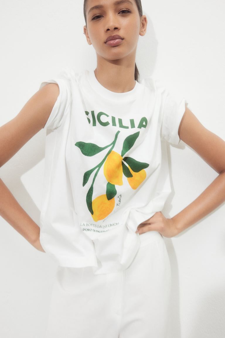 Printed T-shirt - White/lemons - Ladies | H&M US | H&M (US + CA)