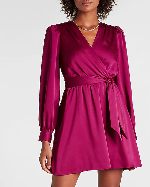 Satin Tie Waist Long Sleeve Mini Dress | Express