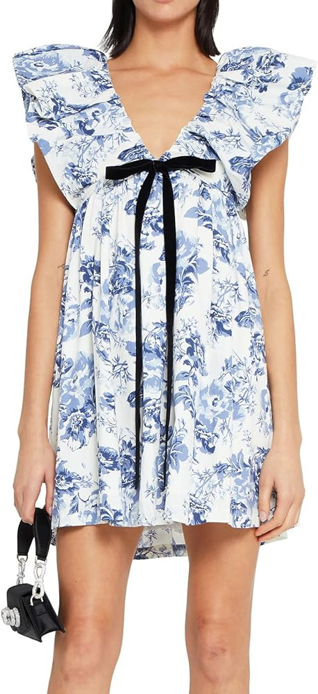 hibshaby Women's Floral Print Mini Dress V Neck Puff Sleeve Dress Short Babydoll Bow Dress | Amazon (US)