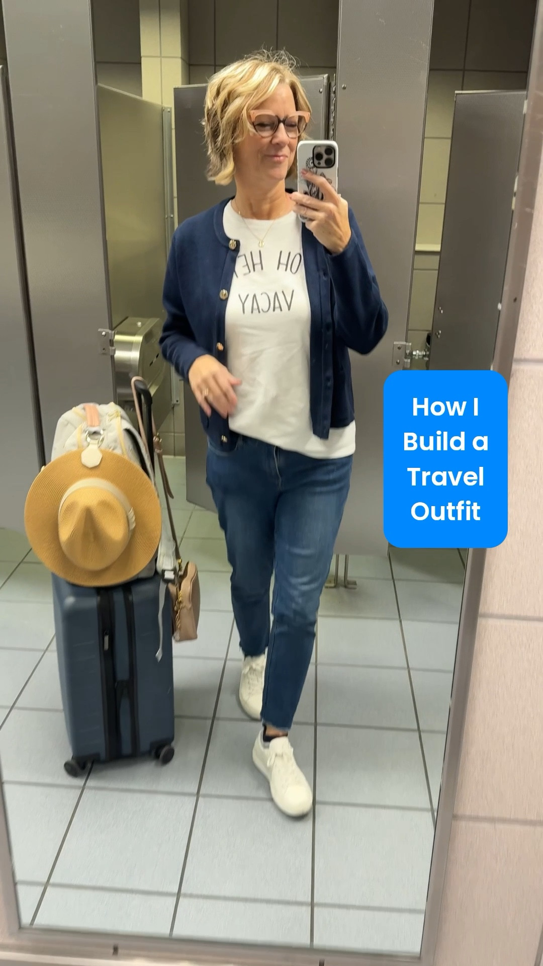 Travel Outfit for a Flight That Works for Women Over 40 💙 These travel tips helped me when packing in only carry-on luggage. Base layer, outer layer and stretchy pants that I can wear again with other vacation outfits; then I add accessories like socks with Pom poms, neutral crossbody bag, carryon bags and a strong hat magnet. I’m 5’8” size 10 and the L fits in my tee and blue cardigan with gold buttons. I have a casual chic style for a woman over 50. 

#LTKTravel #LTKTall #LTKOver40