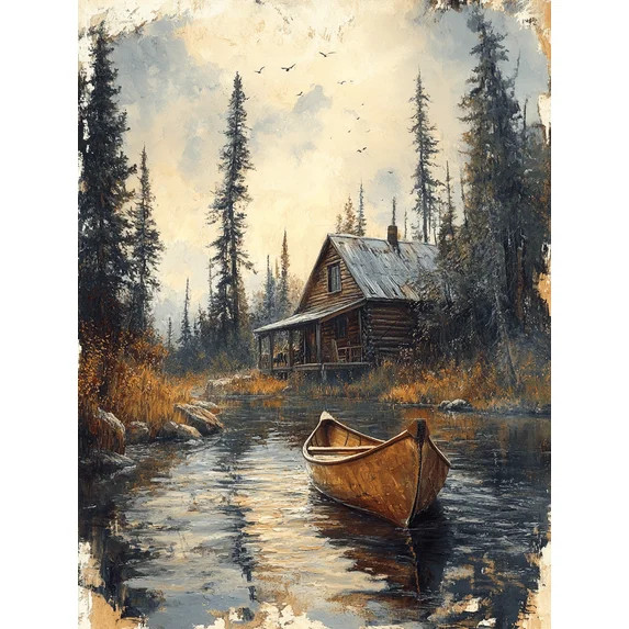 Rustic Cabin Canoe Lake Landscape Canvas Print/Wall Art， Perfect for Living Room， Bedroom， ... | Walmart (US)