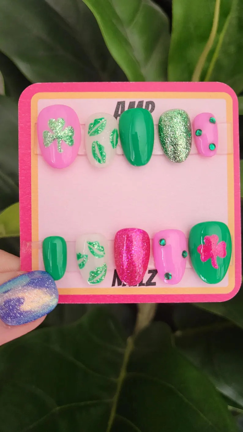 Hand Painted Pink and Green St. Pattys Day Press on Nails,mismatched Green Nails,st Patricks Day ... | Etsy (US)