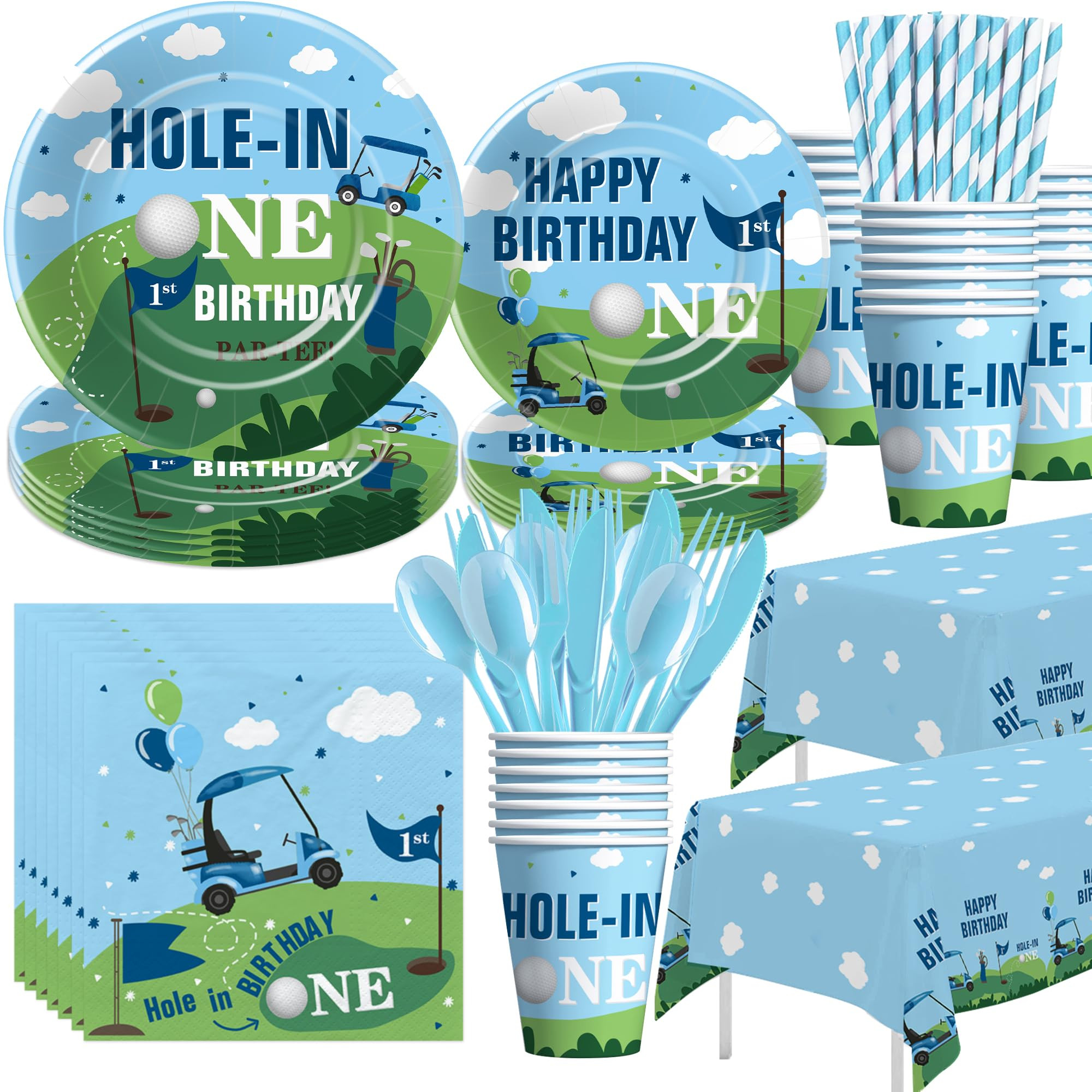 Golf First Birthday Party Supplies - Hole In One Birthday Decorations Tableware, Plate, Cup, Napkin, Tablecloth, Cutlery, Golf Party Decorations Dinnerware For Kids 1st Birthday | Serve 24 | Amazon (US)
