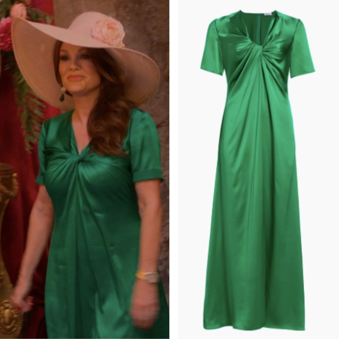 Lisa Vanderpump’s Green Satin Twist Maxi Dress on Vanderpump Villa Season 2 Episode 1 on Hulu