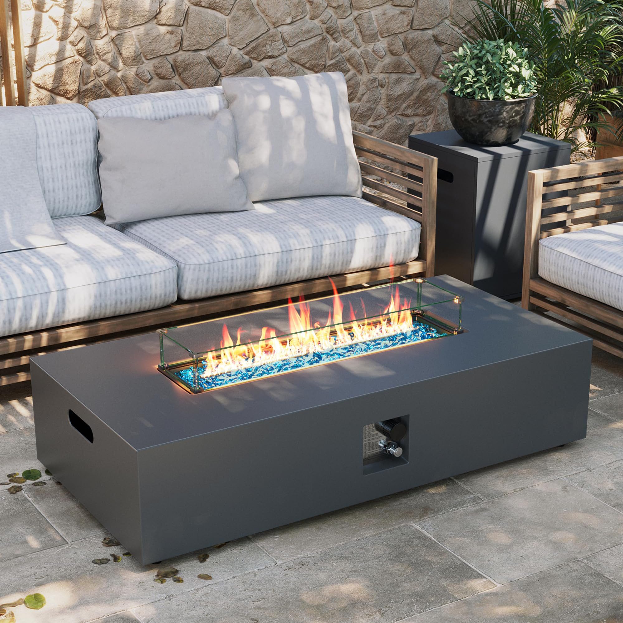 UPHA 56-inch Outdoor Propane Gas Fire Pit Table 50000 BTU Iron Rectangle Firepit for Outside Patio with Tank Hidden Table, Wind Guard, Removable Lid, Blue Glass Rocks, Rain Cover, Grey | Amazon (US)