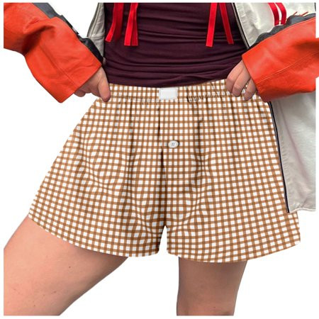 Womens Boxer Shorts Casual Summer Cotton Pajama Sleep Pj Gingham Plaid Shorts Beach Bottoms | Walmart (US)