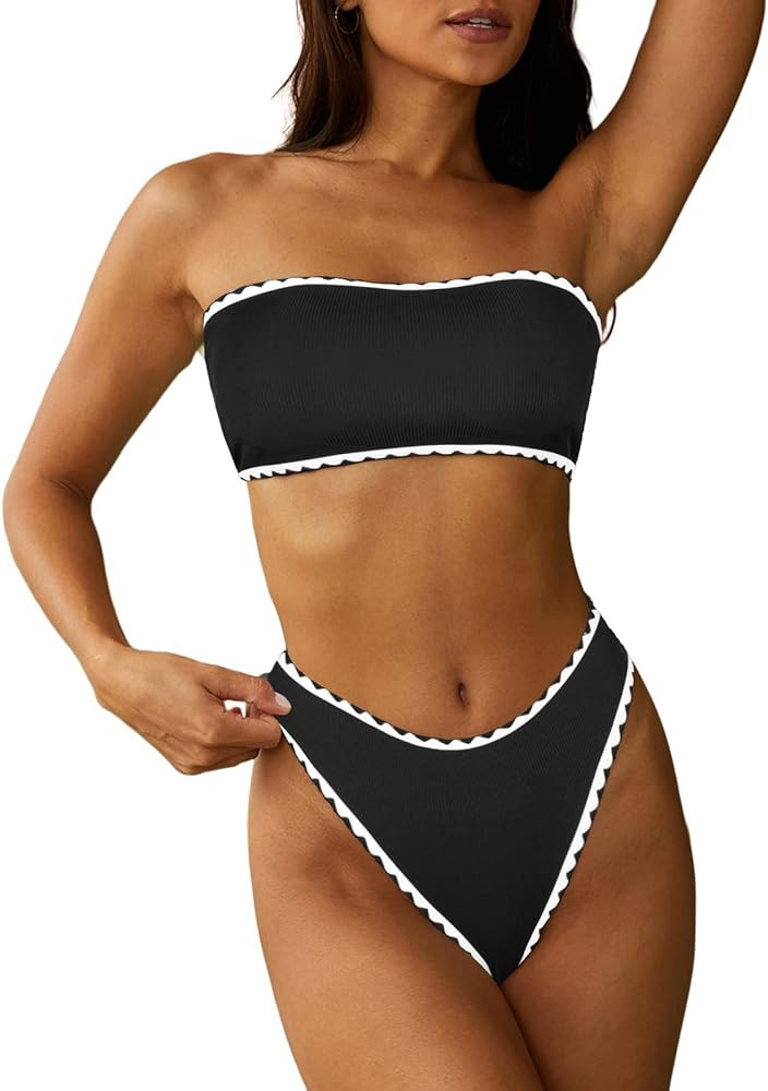 ZAFUL Women 2 Piece Bandeau Swimsuits Ribbed Lace up Strapless Bandeau Bikini Set High Cut Bathin... | Amazon (US)