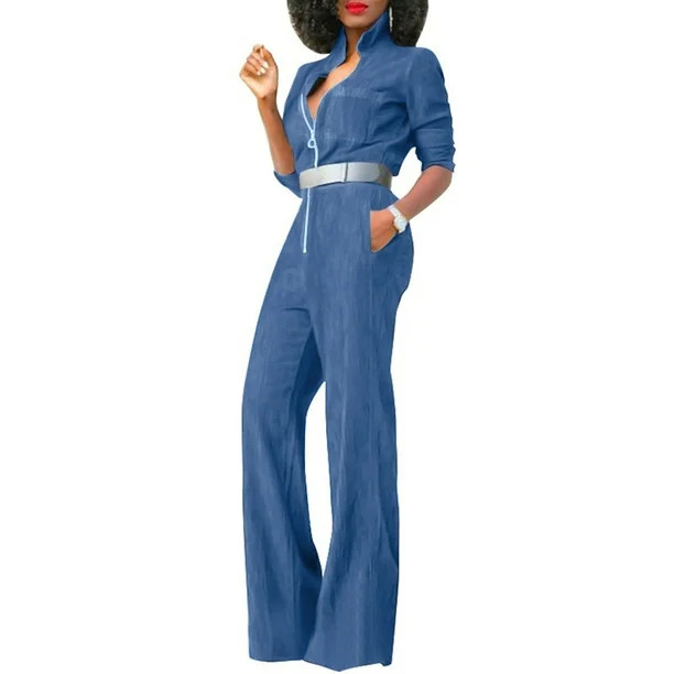 SpringTTC Women's Plus Size S-5XL Lmitation Denim Zipper Solid Color Relaxed Fit Casual Pant Jump... | Walmart (US)