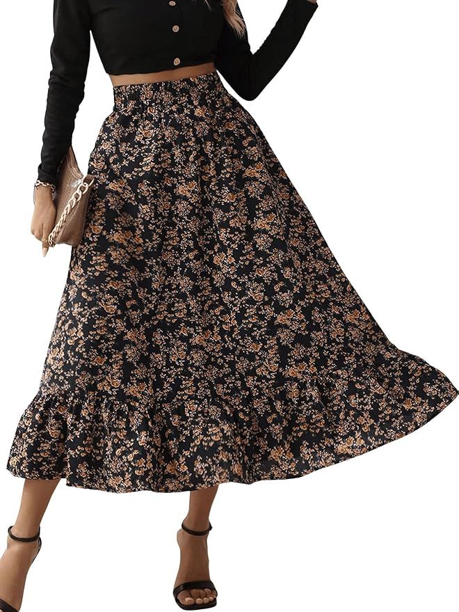 OYOANGLE Women's Floral Print High Elastic Waisted A Line Flowy Ruffle Hem Midi Skirt | Amazon (US)