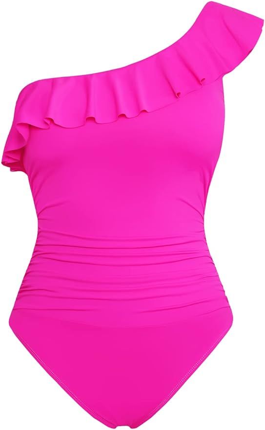 Hilor Women's One Piece Swimsuits One Shoulder Swimwear Asymmetric Ruffle Monokinis Bathing Suits | Amazon (US)