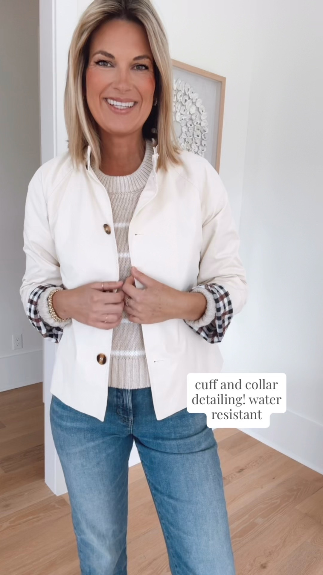 This water resistant jacket is on sale.  I have size small. And small sweater. 27 tall jeans.