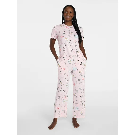 Joyspun Women's Dreamy Soft Collection Short Sleeve Sleep Top and Open Leg Pants Pajama Set, 2-Pi... | Walmart (US)