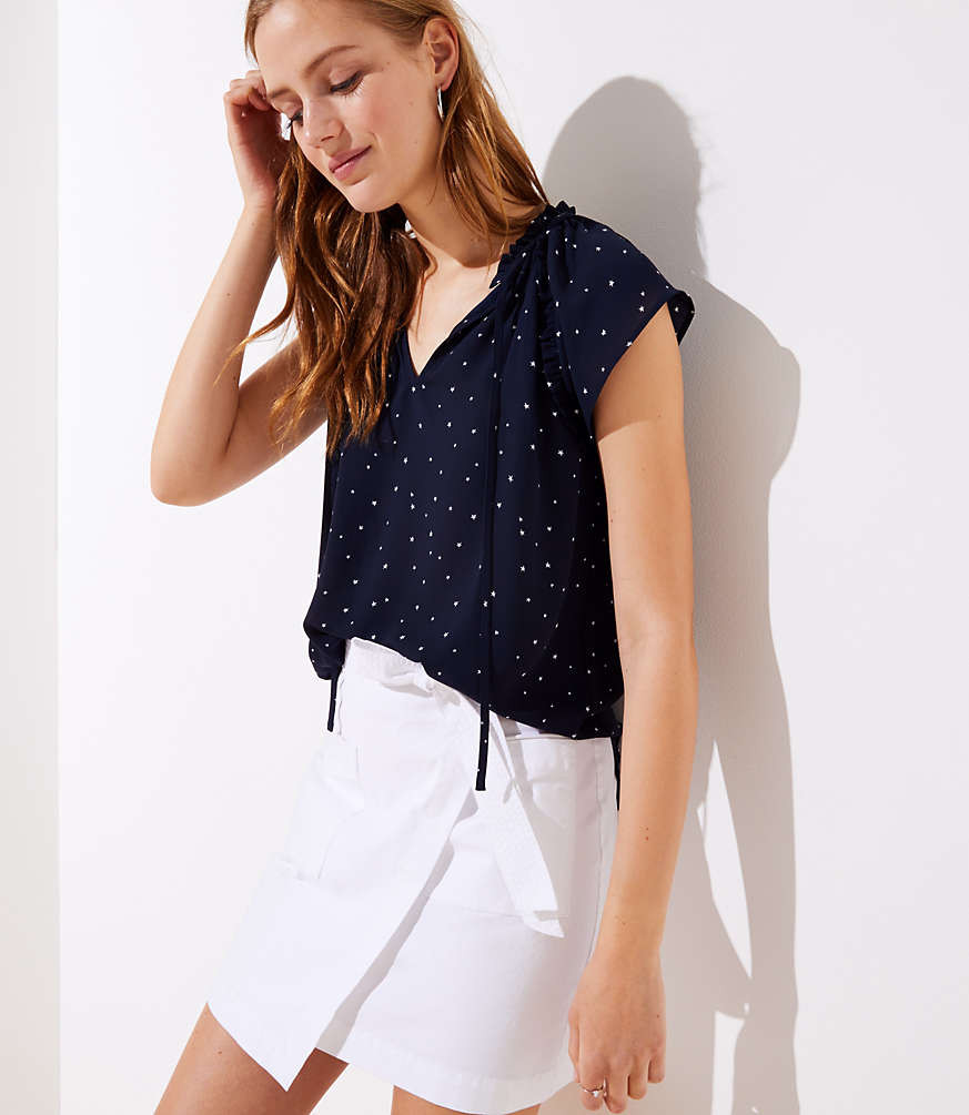 Petite Starry Sky Ruffle Tie Neck Top | LOFT