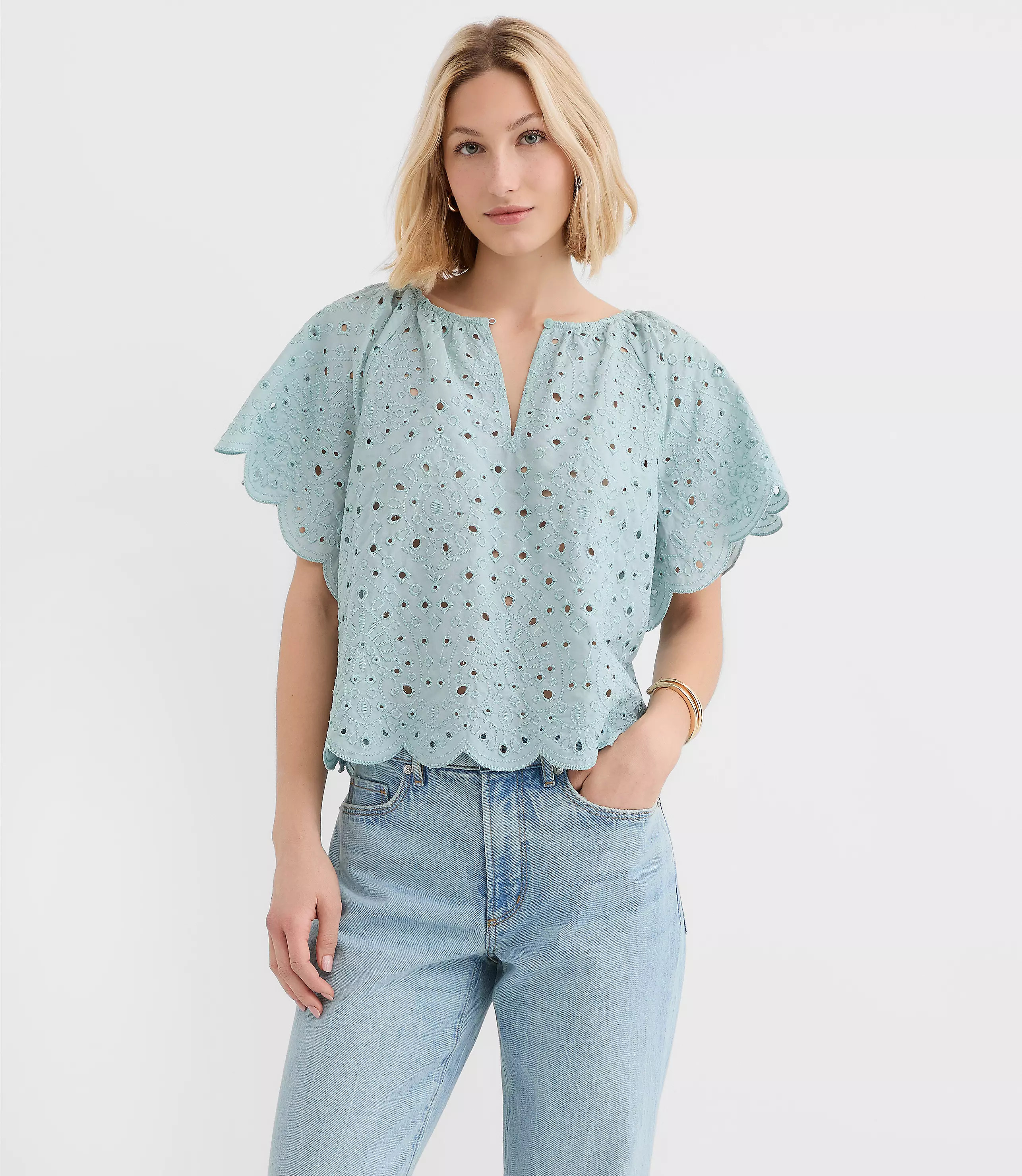 Scalloped Eyelet Flutter Sleeve Top | LOFT