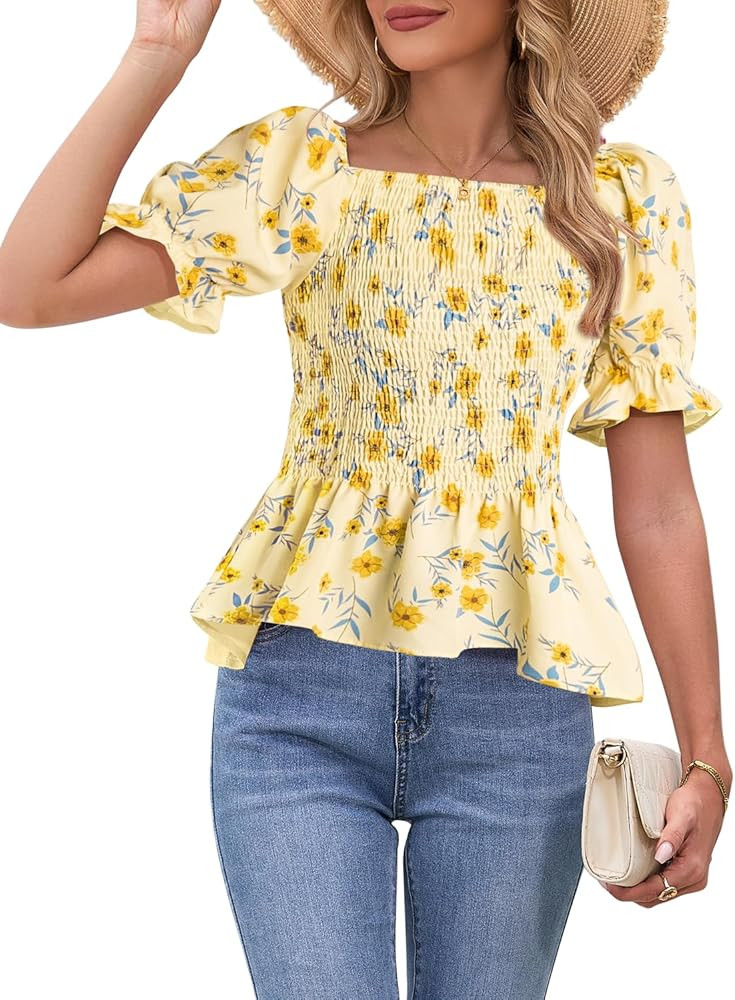 Womens Puff Short Sleeve Babydoll Tops Floral Summer Peplum Blouse Smocked Square Neck Loose Fit ... | Amazon (US)