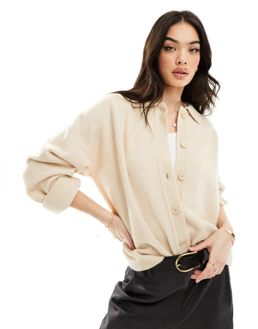 ASOS DESIGN knit collar shirt cardigan in oatmeal-Neutral | ASOS (Global)