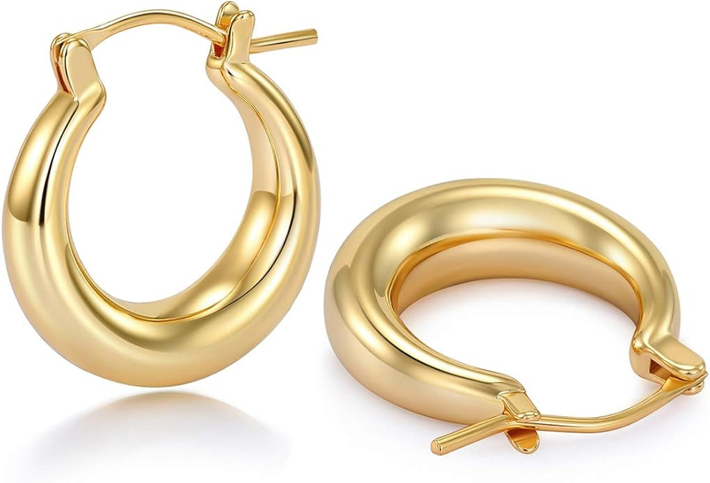 sovesi Chunky Gold Hoop Earrings for Women with 925 Sterling Silver Post, 14K Gold Plated Small T... | Amazon (US)