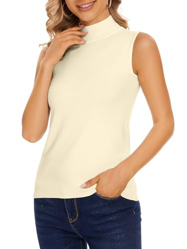 Biffxeu Beige Sleeveless Mock Neck Tops for Women Mock Turtleneck Sweater Vest Sleeveless Sweater Tops M | Amazon (US)