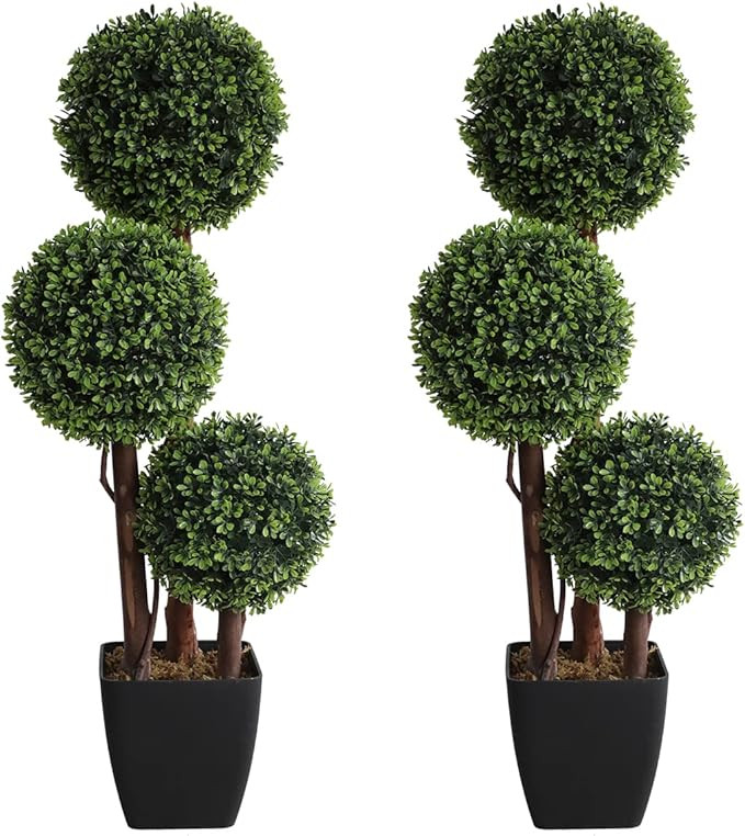 Artificial Topiaries Ball Tree Outdoor, 3ft Fake Topiary Triple Ball Boxwood Trees(2 Pieces), Fau... | Amazon (US)