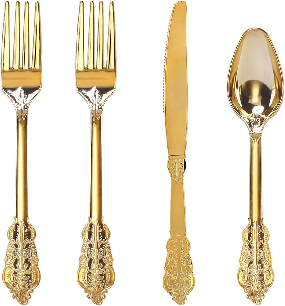 WDF 200 Pieces Gold Plastic Silverware Disposable - 50 Guests Gold Plastic Cutlery - Gold Plastic... | Amazon (US)
