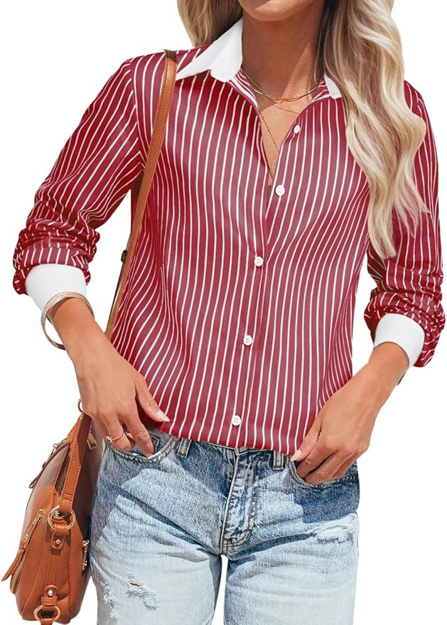 Striped Button Down Shirts for Women Cotton Dress Shirt Oversized Button Up Collared Blouse Tops ... | Amazon (US)