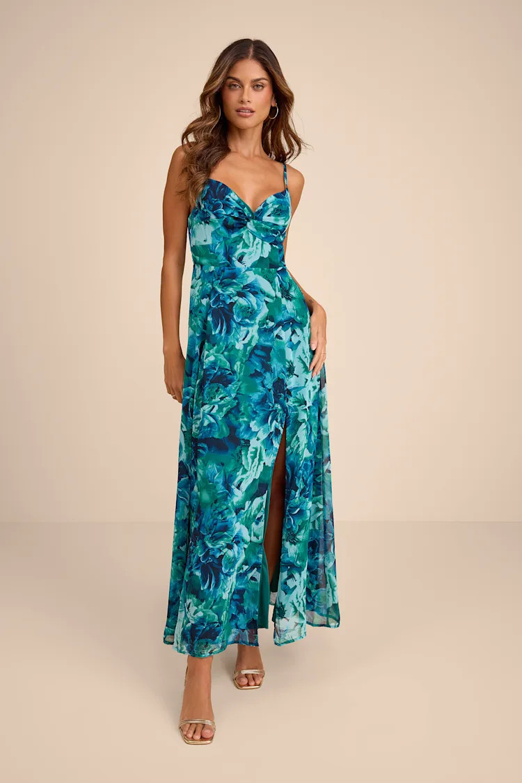 Beautiful Soul Teal Green Floral Print Twist-Front Maxi Dress | Lulus