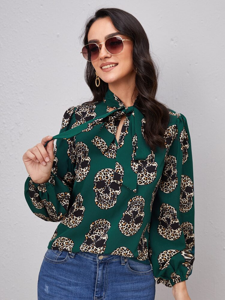 SHEIN Skull Print Tie Neck Blouse | SHEIN