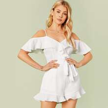 Cut Out Shoulder Ruffle Trim Romper | SHEIN