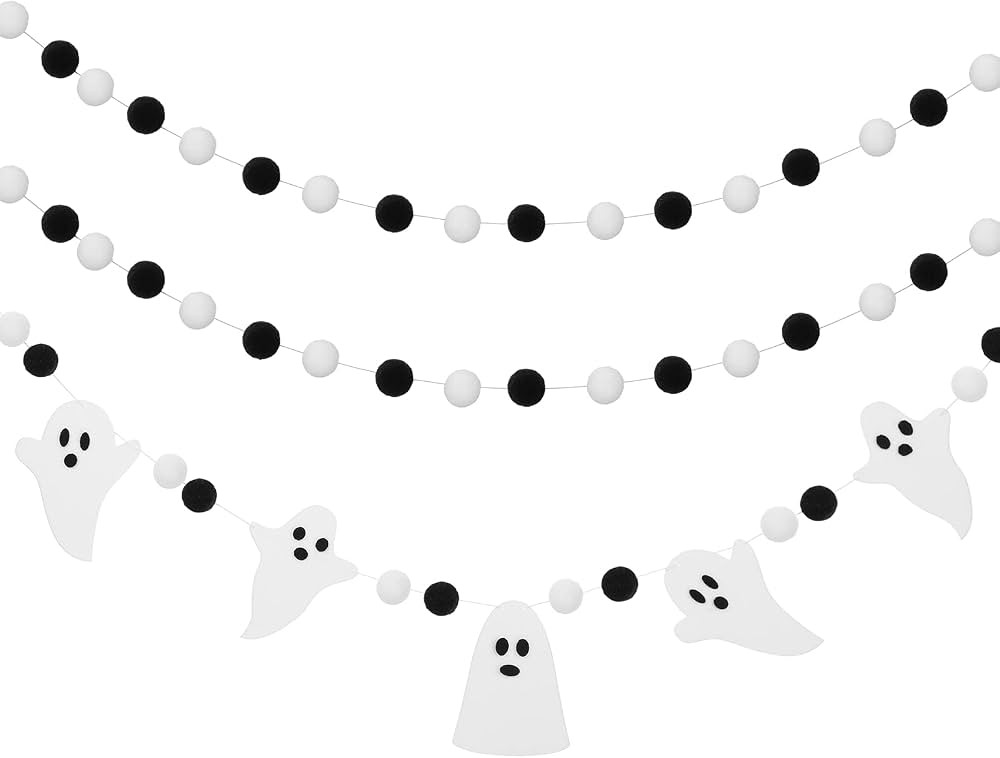 3 Pieces Halloween Ghost Pom Pom Ball Garlands Halloween Theme Banner Black and White Felt Ball H... | Amazon (US)