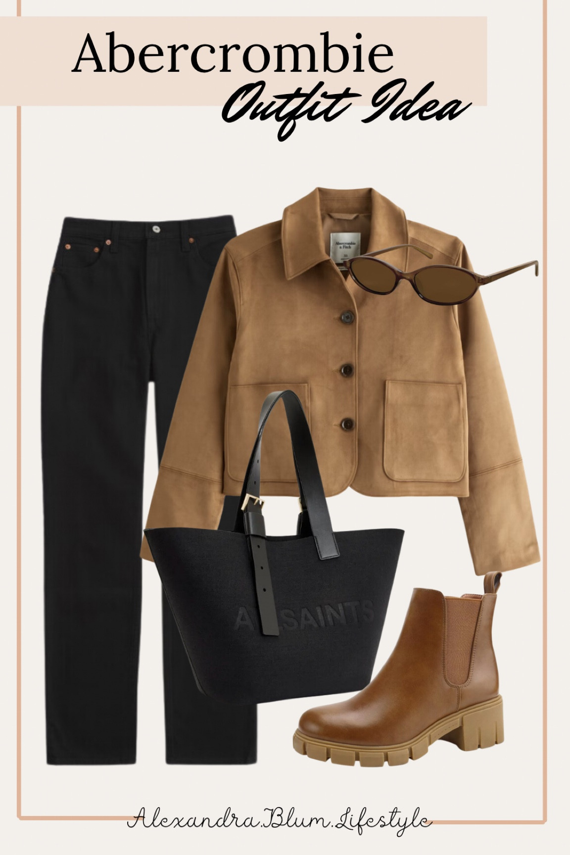Abercrombie outfit idea! Fall outfit! Mountain outfit idea! Casual winter outfit! Suede jacket, black jeans, brown Chelsea boots, black tote bag, and brown trendy sunglasses from Amazon! 

#LTKFindsUnder100 #LTKItBag #LTKStyleTip