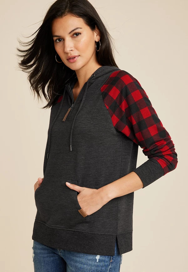 Homeward Buffalo Plaid Sleeve Fleece Hoodie | Maurices