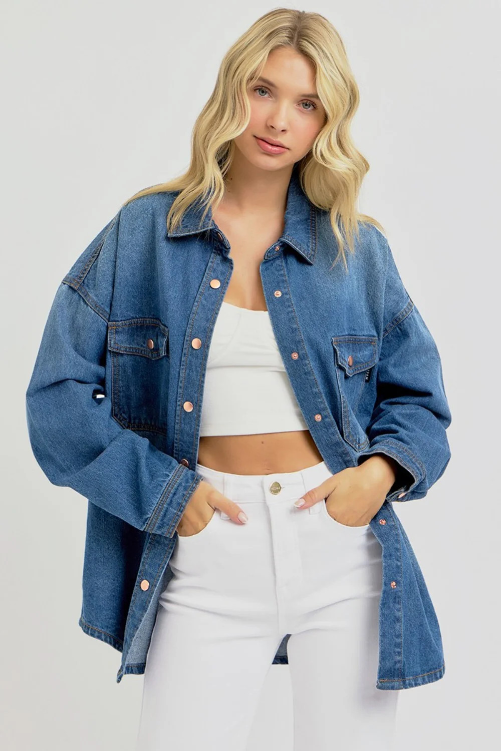 Full Size Snap Down Long Sleeve Denim Shacket XL | Casual Chic Boutique