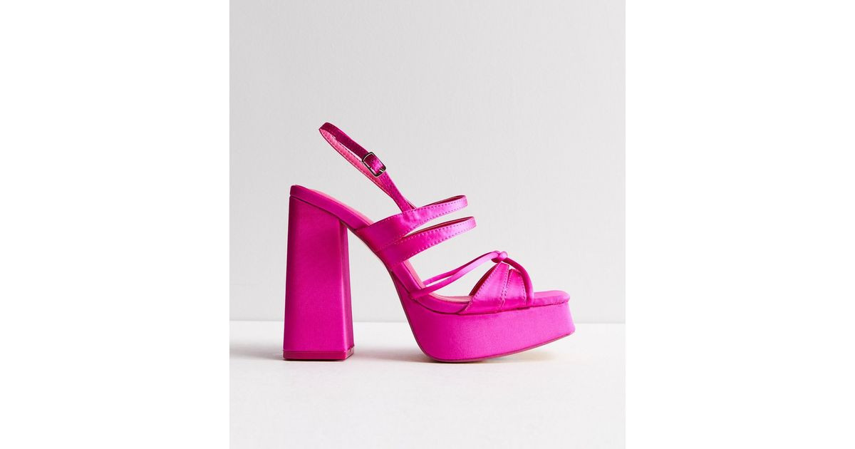 Public Desire Bright Pink Satin Platform Flared Block Heel Sandals | New Look | New Look (UK)