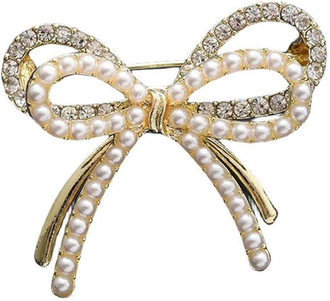 Bow Knot Brooch Rhinestones Pearl Bow Lapel Pin Alloy Pearl Brooch Satin Ribbon Bow Badge Women's... | Amazon (US)