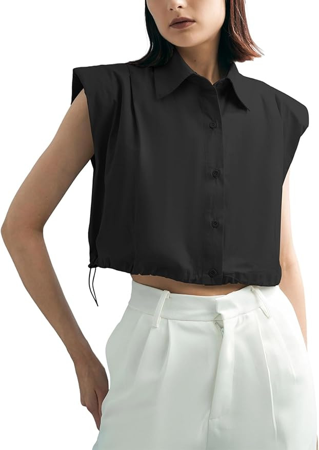 Tankaneo Womens Sleeveless Button Down Shirts Casual Loose V Neck Pad Shoulder Crop Tank Top | Amazon (US)